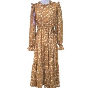 Moon River Bohemian Floral Ruffle Collar Smocked Wrist Tiered Midi Dress